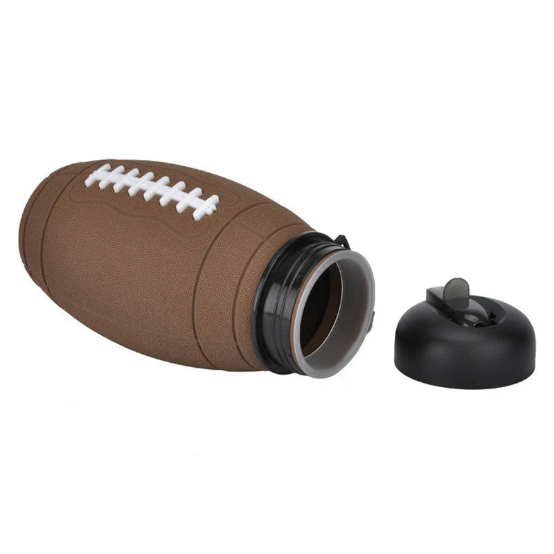 Brown rugby ball-shaped collapsible water bottle with leak-proof silicone seal