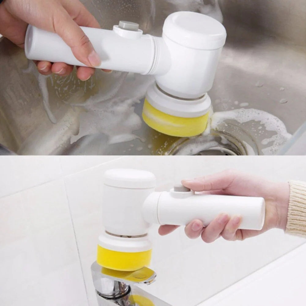 5-in-1 electric cleaning brush with white handle and three interchangeable heads
