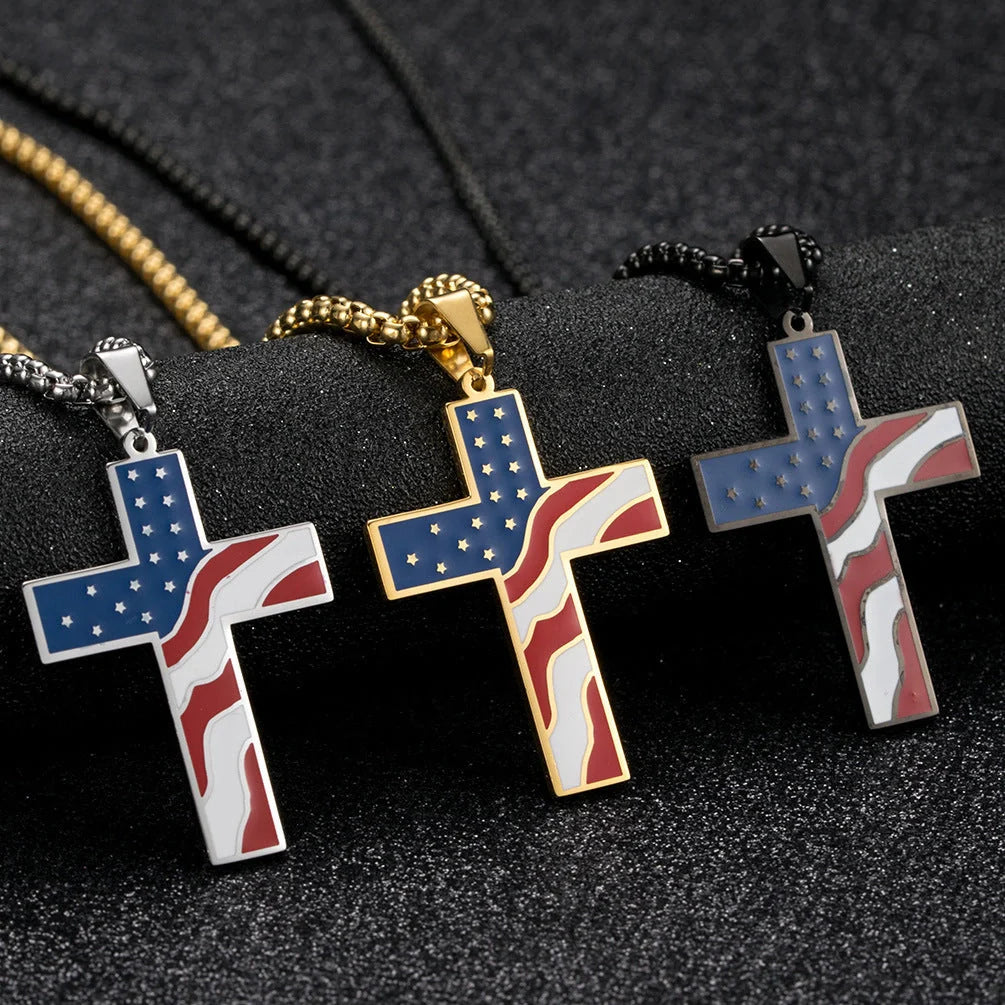 Stainless steel flag cross necklace for men, geometric design, polished finish.