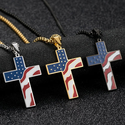 Stainless steel flag cross necklace for men, geometric design, polished finish.