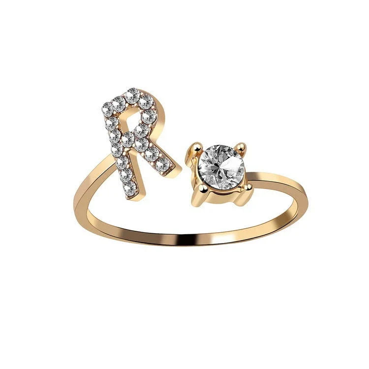 Customizable adjustable ring with 26 letters for women, featuring zircon stones and copper alloy construction