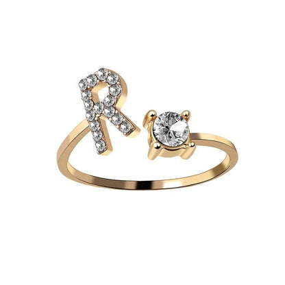 Customizable adjustable ring with 26 letters for women, featuring zircon stones and copper alloy construction