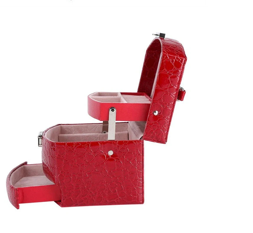 3-layer leather jewellery and makeup storage box with mirror in various colours