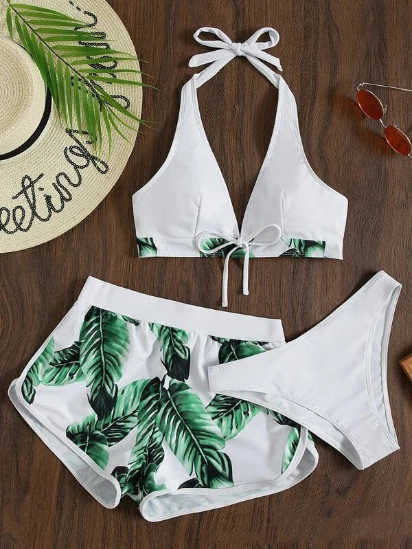 Stylish leaf print bikini with matching shorts in a variety of vibrant colors and patterns