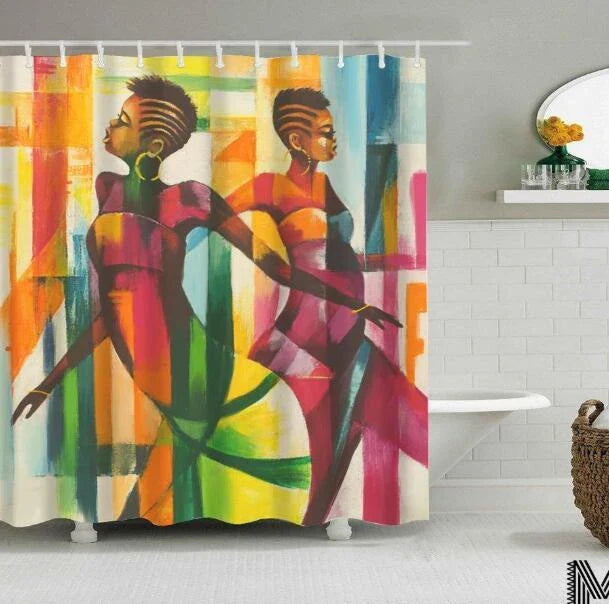 Vibrant African-inspired shower curtain with portrait of a beautiful African girl wearing earrings and bold hairstyle