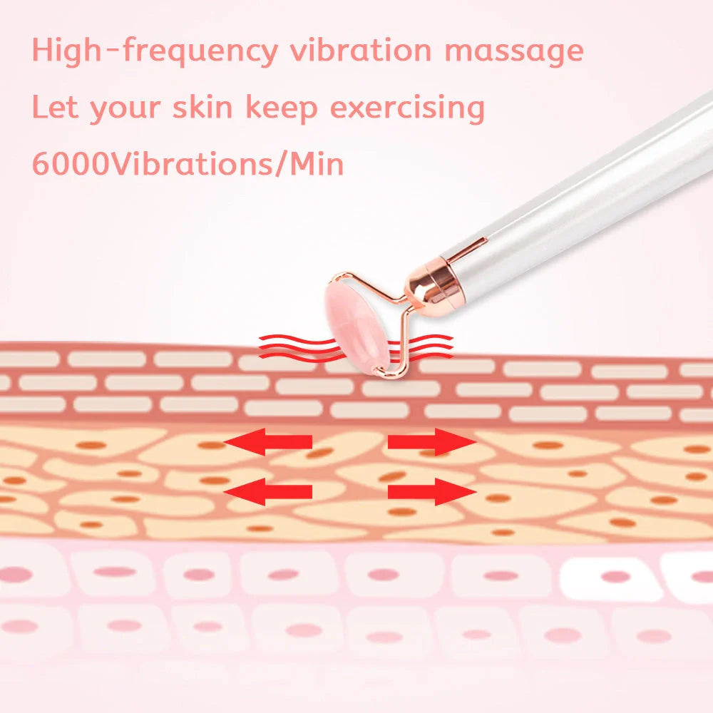 Electric Vibrating Natural Rose Quartz Jade Facial Roller with facial roller and under eye press attachments