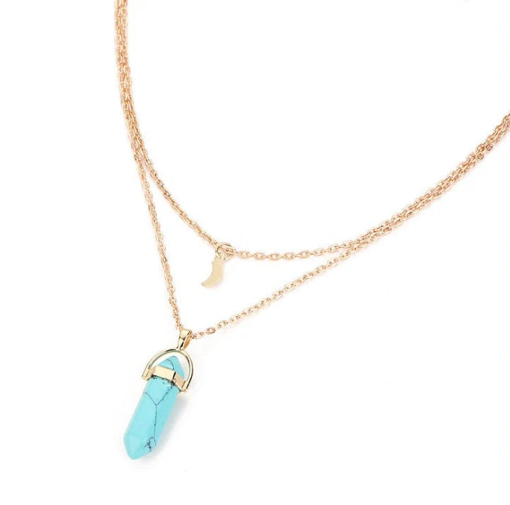 Elegant hexagonal natural stone necklace with double moon pendant in various colours