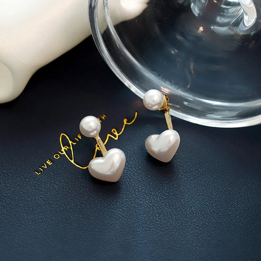 Korean style heart-shaped pearl stud earrings with alloy inlay