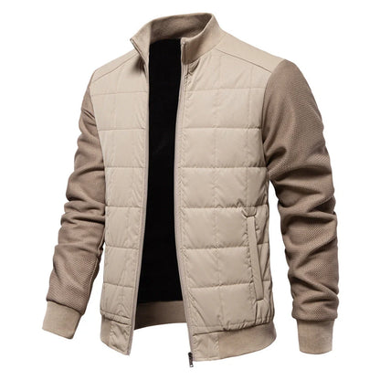 Stylish men's winter jacket with unique stitching design, stand collar, and variety of classic colours
