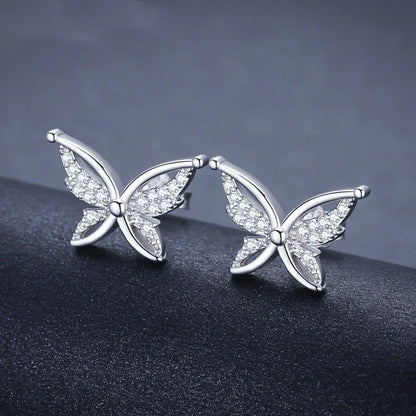 Black butterfly stud earrings with full rhinestone zircon detailing