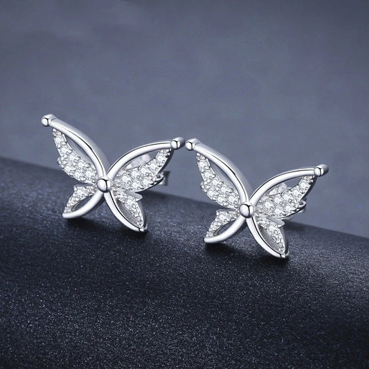 Black butterfly stud earrings with full rhinestone zircon detailing