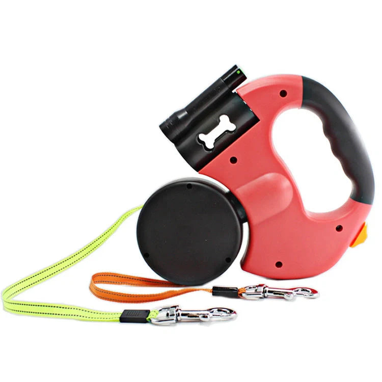 Dual-headed dog leash with flashlight and garbage bag box in grey and red