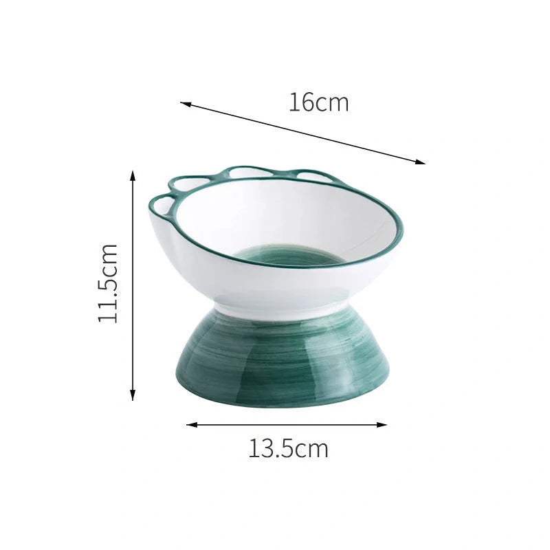 Ceramic pet bowl with 15-degree incline design in pink, green, and blue