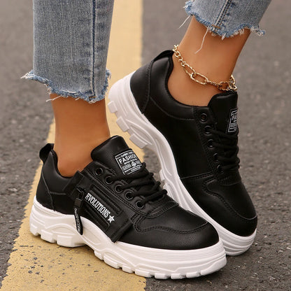 Women's lace-up sports sneakers with side-zipper in white, black, and cream white