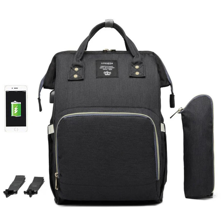 Premium mummy backpack in a range of stylish colours, featuring dedicated compartments for bottles, nappies and personal items.