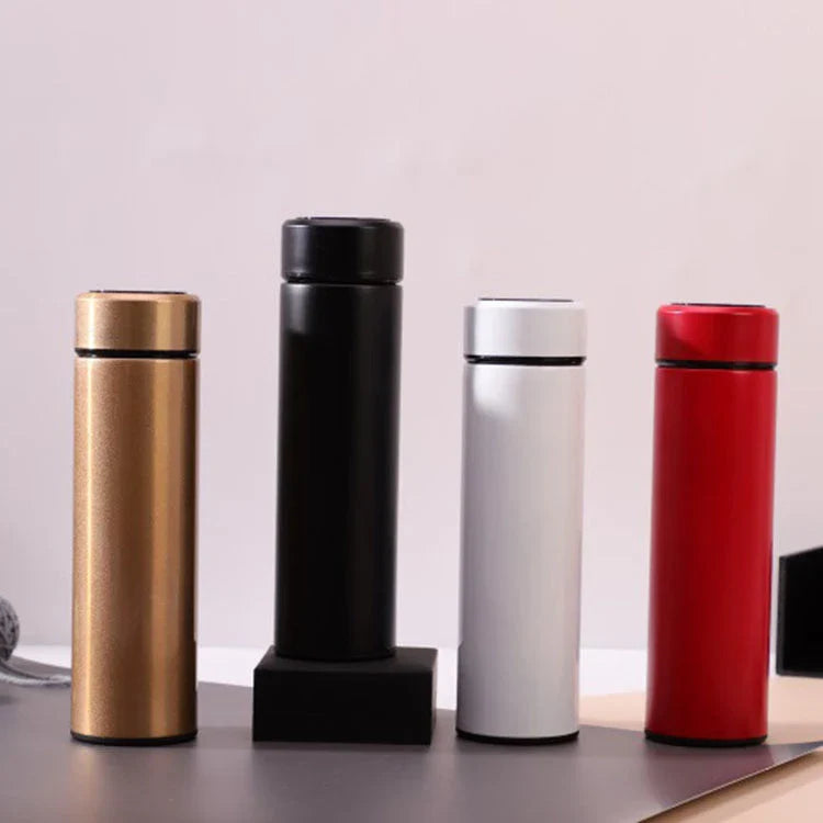 Premium stainless steel vacuum flask with LED touch display for temperature monitoring, available in various colors and sizes