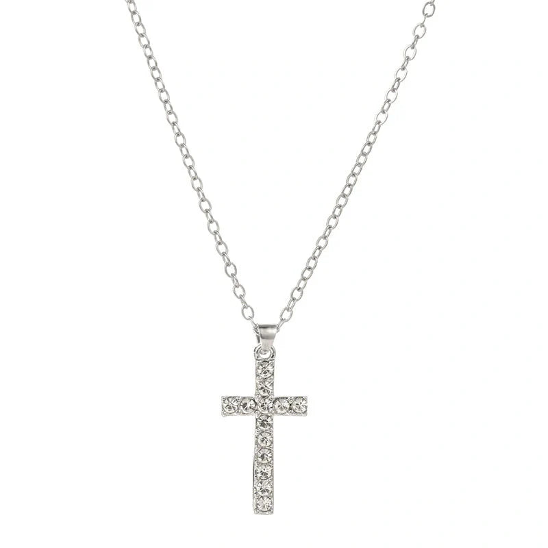 Elegant silver-toned Jesus cross pendant necklace with sparkling artificial gems, showcasing premium British craftsmanship