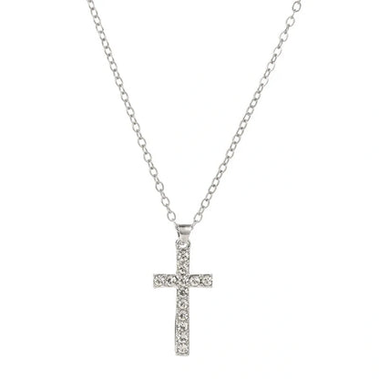 Elegant silver-toned Jesus cross pendant necklace with sparkling artificial gems, showcasing premium British craftsmanship