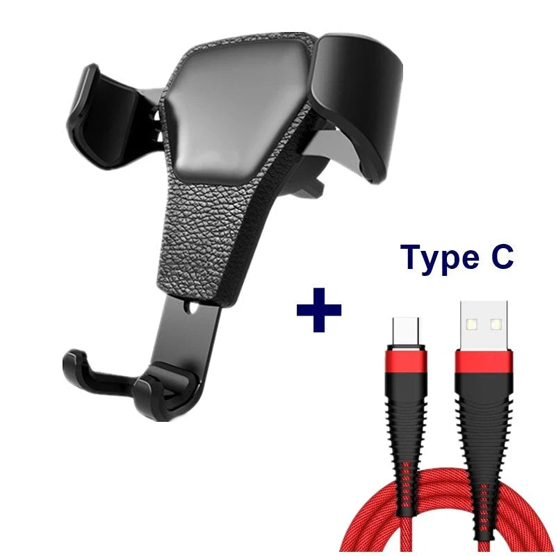 Leather grain gravity mobile phone car holder in black and white, securing a smartphone in a car