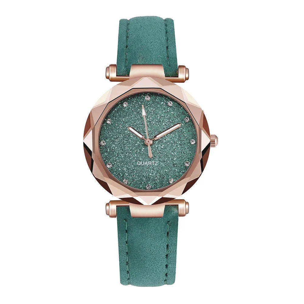 Stylish and versatile starry-patterned watch with a sleek case and comfortable leather strap, available in a variety of captivating colors