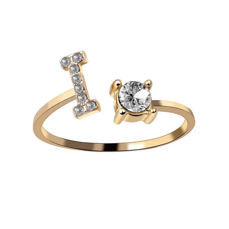 Customizable adjustable ring with 26 letters for women, featuring zircon stones and copper alloy construction