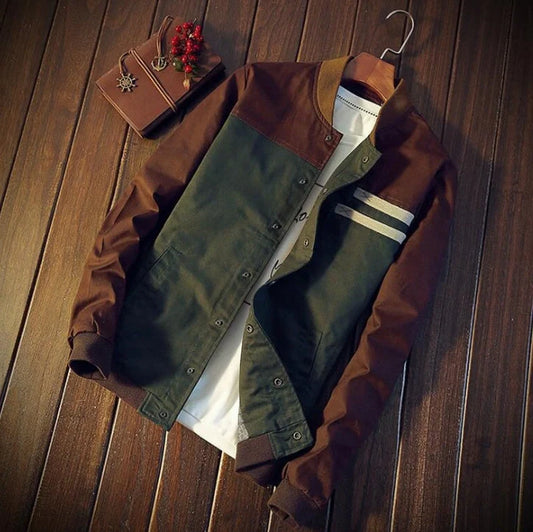 Men's Korean-style single-breasted casual jacket in cotton, available in green and navy blue