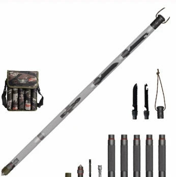 Durable tactical hiking stick with integrated survival tools, including a knife, bottle opener, and compass, for outdoor adventures and emergencies.