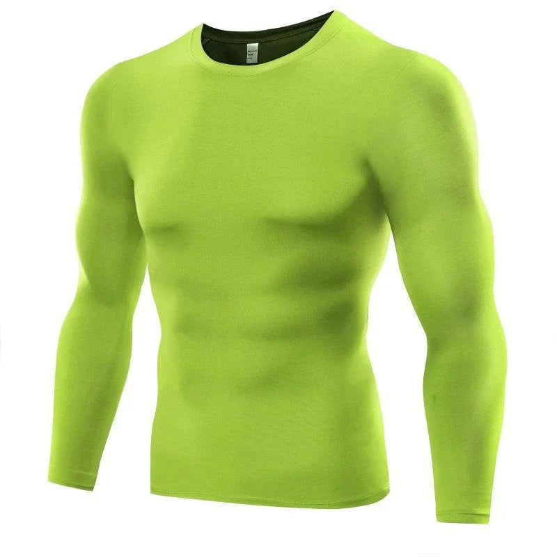 Premium men's long sleeve compression workout shirt in black, white, gray, green, blue, and red colors