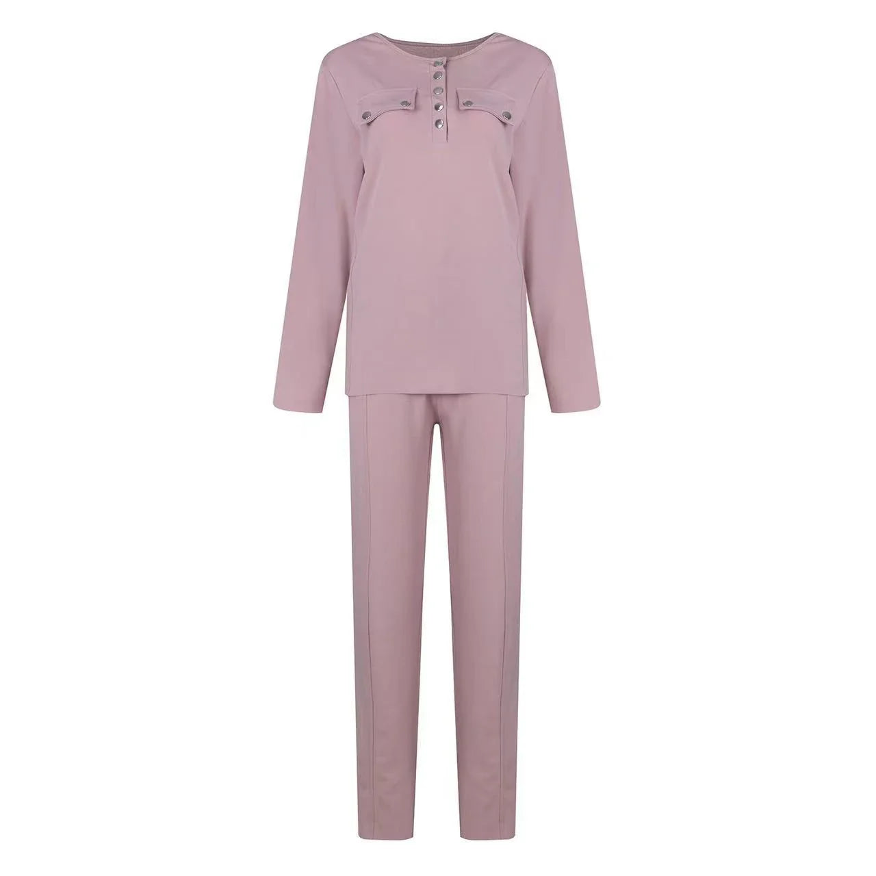 Cozy two-piece lounge set in soft cotton-blend fabric with crew-neck sweatshirt top and high-waisted drawstring pants