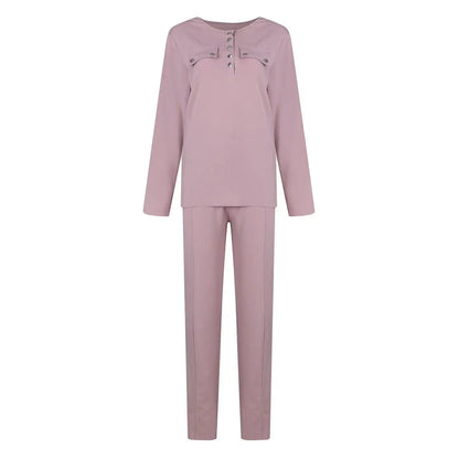 Cozy two-piece lounge set in soft cotton-blend fabric with crew-neck sweatshirt top and high-waisted drawstring pants