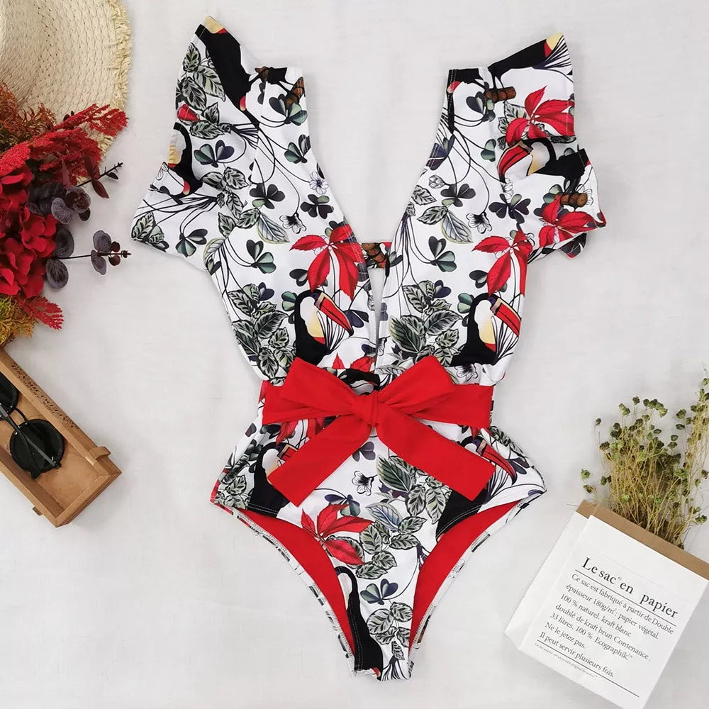 Women's blue one-shoulder ruffle swimsuit in printed polyester