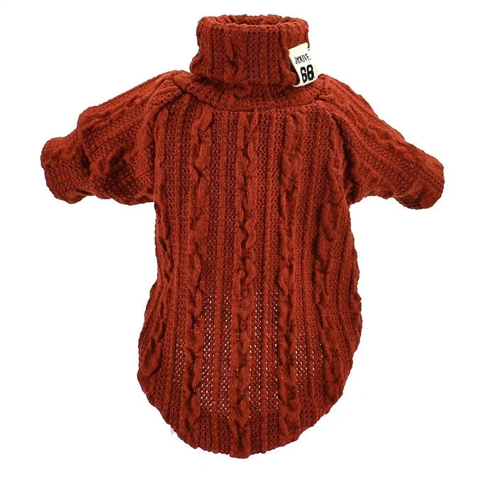 Dog wearing a warm acrylic turtleneck sweater in various colours, suitable for small to medium breeds.