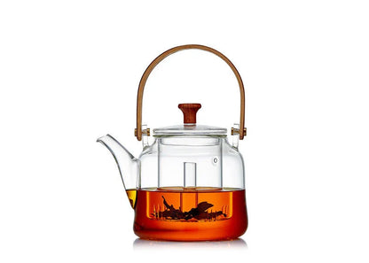 Elegant Japanese-style glass teapot with bamboo handle, perfect for brewing loose-leaf teas