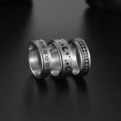 Titanium steel rings with captivating celestial designs including stars, moons, and floral motifs