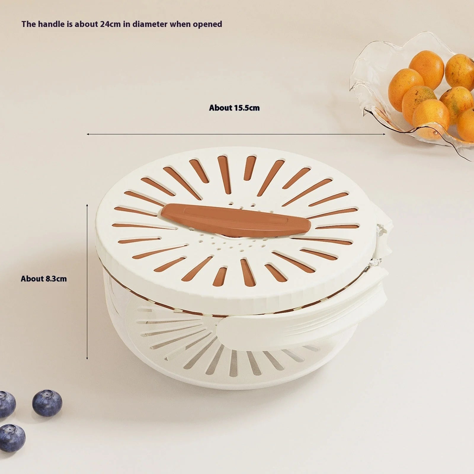Versatile fruit drain basket with lid and foldable handle for fresh produce storage