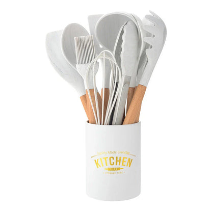 Premium silicone cooking utensil set with marble-patterned wooden handles for a stylish and heat-resistant kitchen accessory