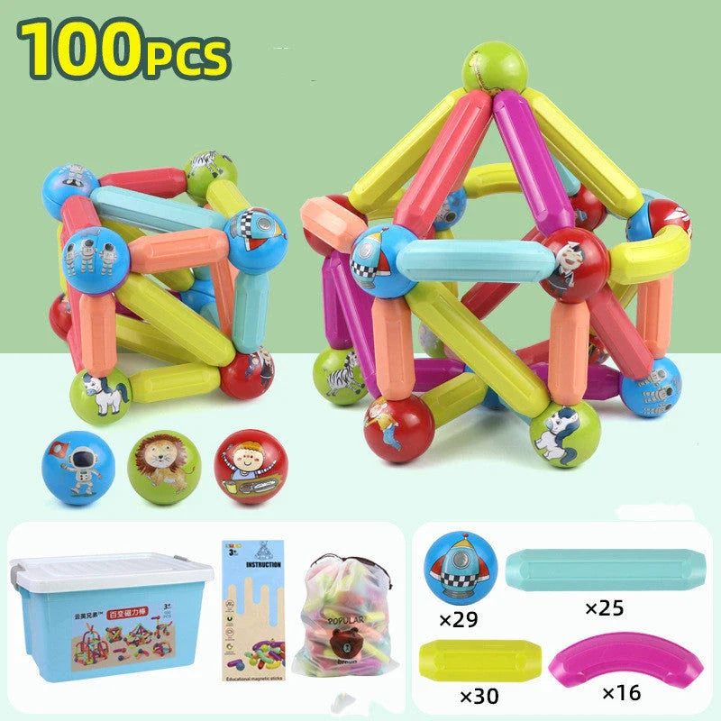 Versatile magnetic construction set with various building blocks and rods, allowing children to create imaginative structures and models