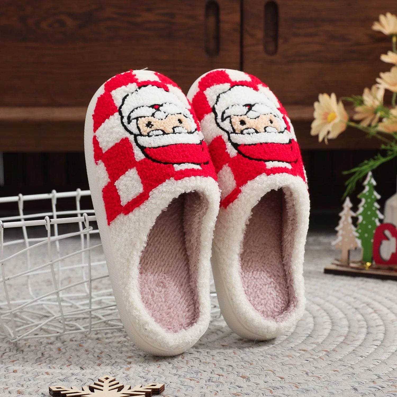 Cosy Christmas tartan slippers with plush, snuggly materials and non-slip soles for comfortable indoor wear