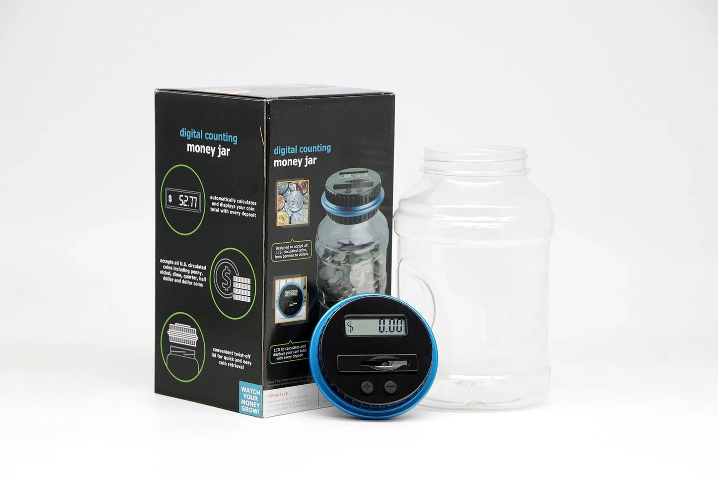 Transparent digital money box with LCD coin counter, designed for effortless coin saving and tracking in the UK