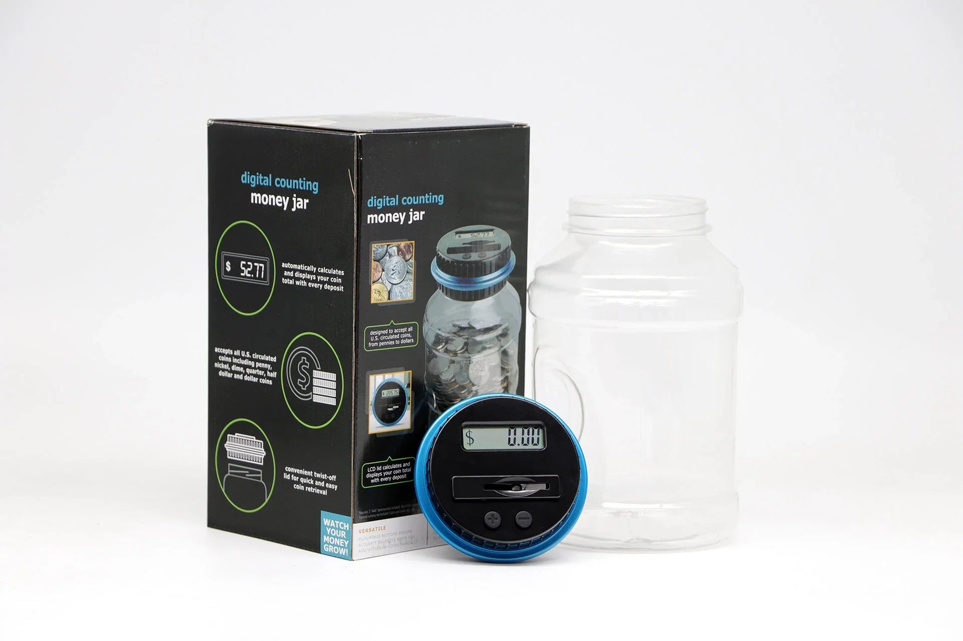Transparent digital money box with LCD coin counter, designed for effortless coin saving and tracking in the UK