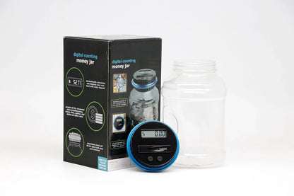 Transparent digital money box with LCD coin counter, designed for effortless coin saving and tracking in the UK
