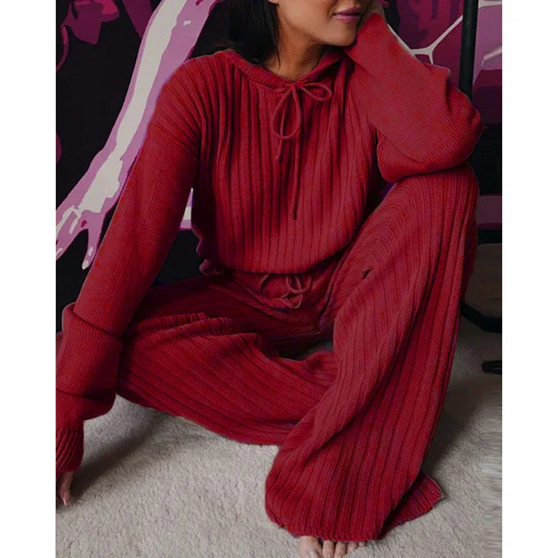 Cozy hooded two-piece loungewear set with soft, stretchy fabric and relaxed silhouette