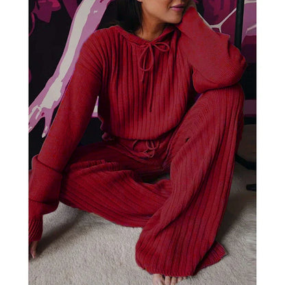 Cozy hooded two-piece loungewear set with soft, stretchy fabric and relaxed silhouette