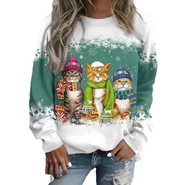 Women's Christmas Snowman and Cat Printed Long Sleeve T-shirt in various colours