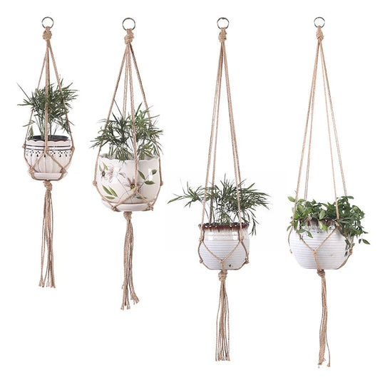 Hand-woven cotton rope plant hanging basket in beige, suitable for pots 5.9" to 7.8" in diameter