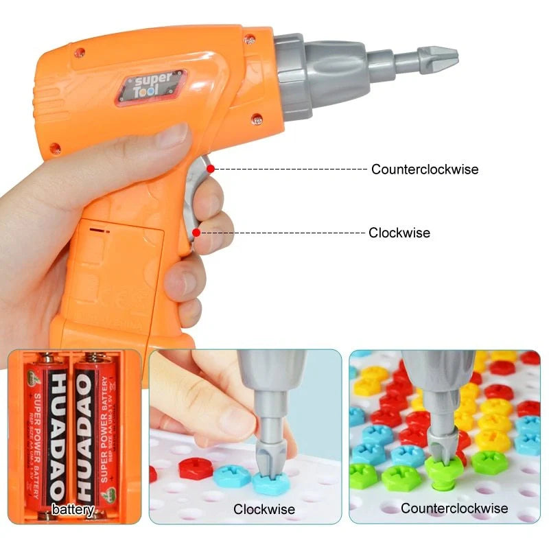Educational building kit with safe plastic power drill for children aged 3+