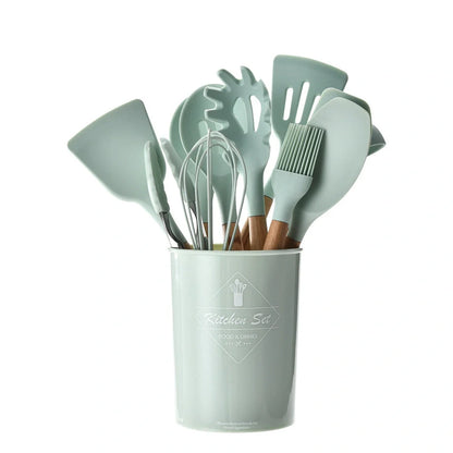 Silicone kitchenware set with wooden handles in various colors and styles, perfect for cooking, baking, and serving