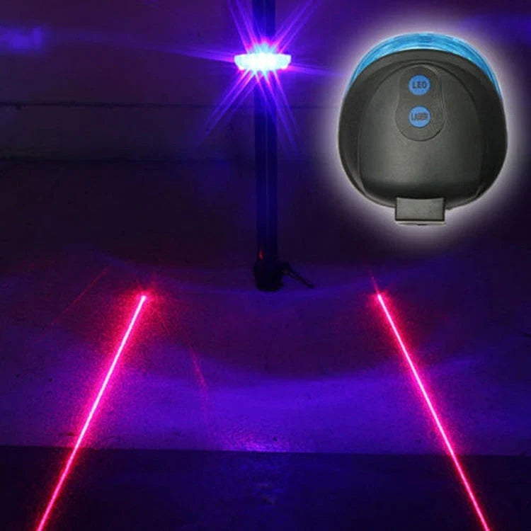 Bicycle tail light with 5 LED lights and 2 laser beams for enhanced visibility and safety on the road