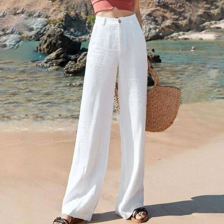 Stylish and comfortable cotton and linen trousers for British women, featuring a high-waist, straight-leg design in a range of classic colours.