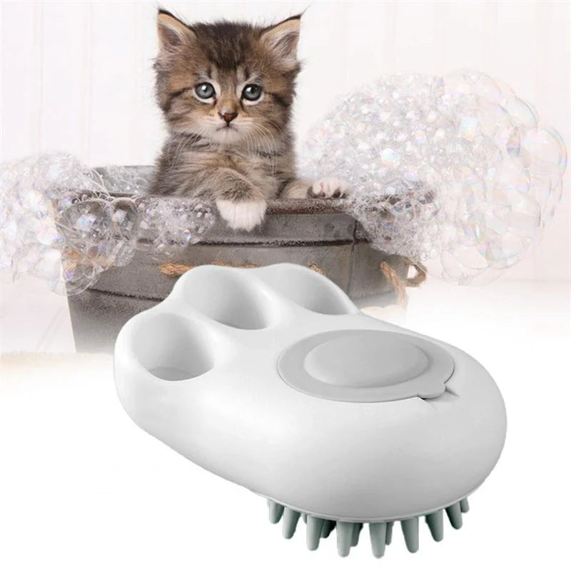 Claw-shaped pet grooming brush in pink, blue, yellow, and grey